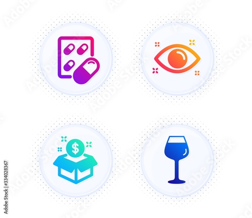 Capsule pill, Health eye and Post package icons simple set. Button with halftone dots. Bordeaux glass sign. Medicine drugs, Optometry, Postbox. Wine glass. Business set. Vector