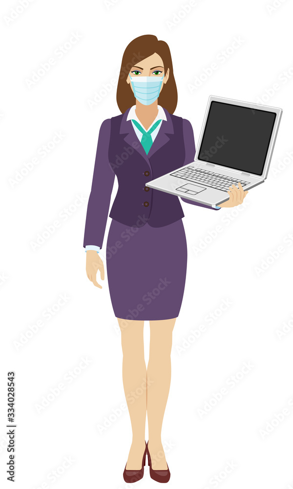 Businesswoman with medical mask holding a laptop notebook. Full length portrait of businesswoman in a flat style. Businesswoman with medical mask holding a laptop notebook. Full length portrait of businesswoman in a flat style.