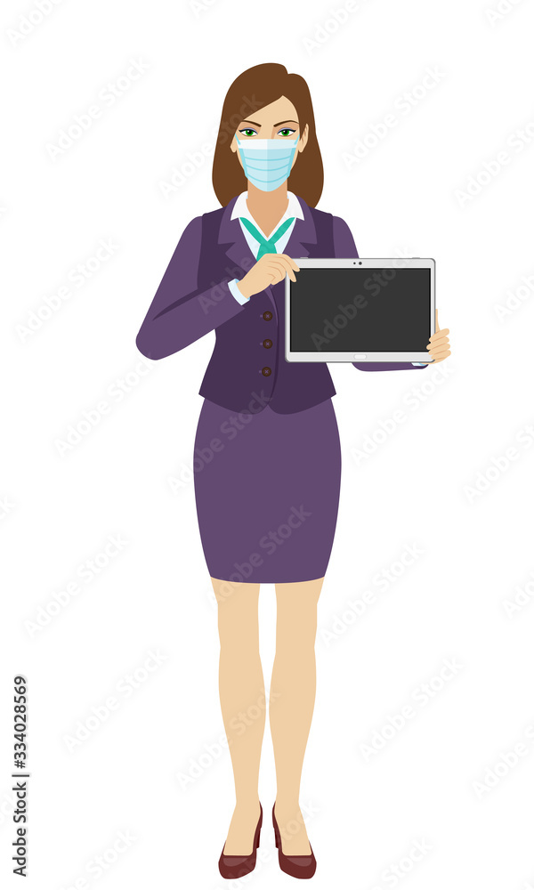 Businesswoman with medical mask showing blank digital tablet PC. Full length portrait of businesswoman in a flat style.