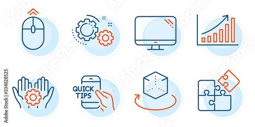 Computer, Graph chart and Gears signs. Puzzle, Augmented reality and Education line icons set. Employee hand, Swipe up symbols. Engineering strategy, Virtual reality. Science set. Vector