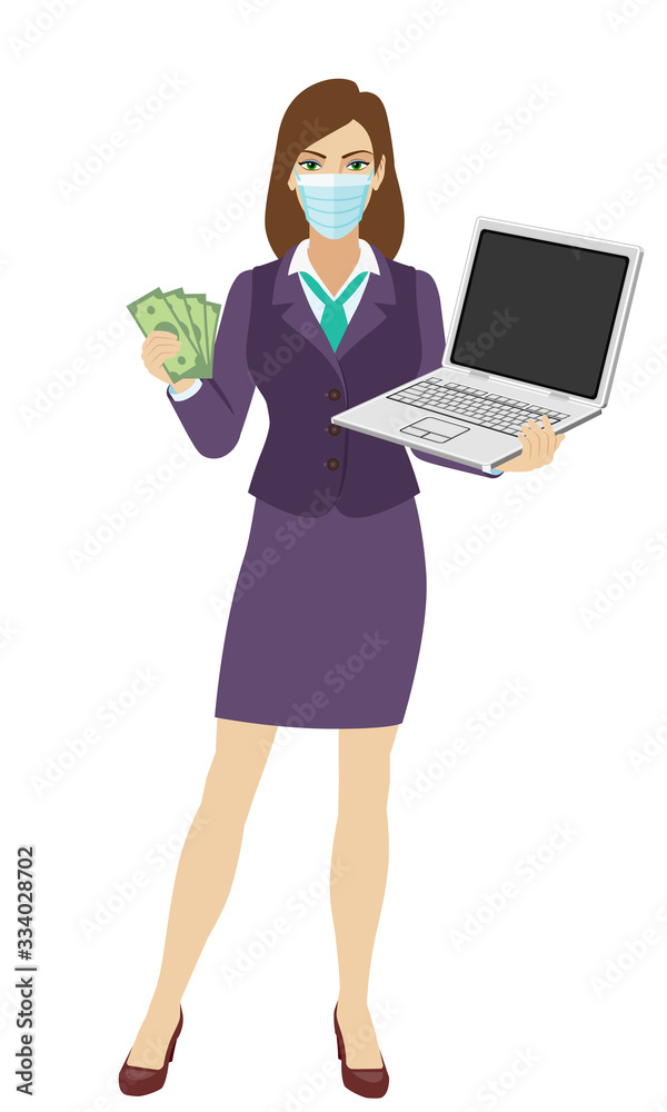Businesswoman with medical mask holding a laptop notebook and shows money. Full length portrait of businesswoman in a flat style. Businesswoman with medical mask holding a laptop notebook and shows money. Full length portrait of businesswoman in a flat style.