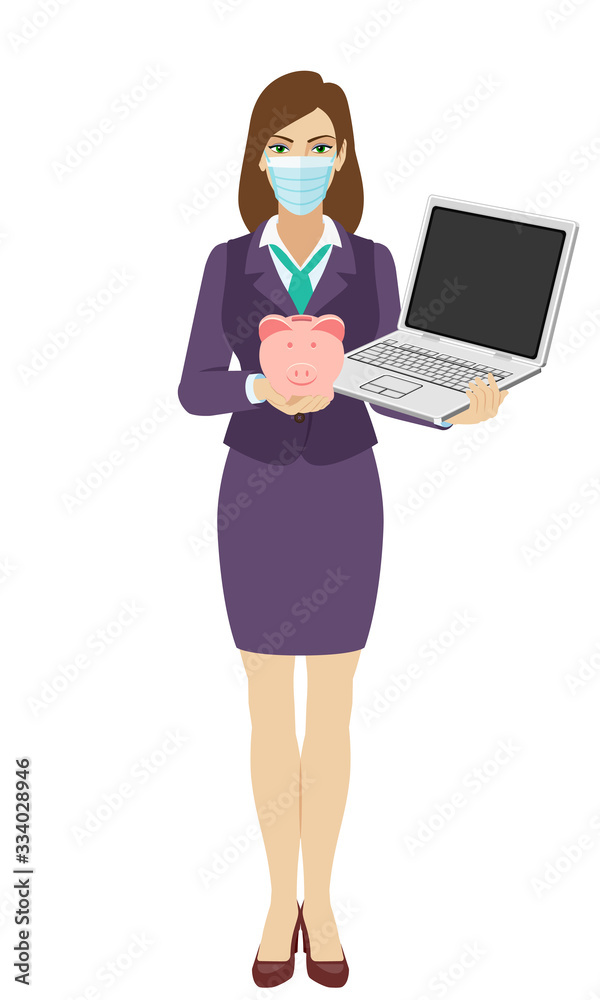 Businesswoman with medical mask holding a laptop notebook and piggy bank. Full length portrait of businesswoman in a flat style. Businesswoman with medical mask holding a laptop notebook and piggy bank. Full length portrait of businesswoman in a flat style.