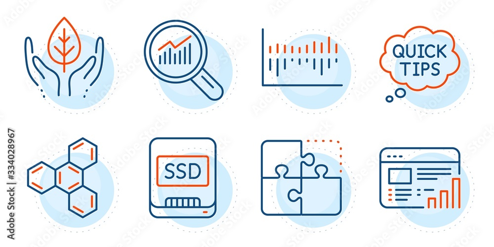 Quick tips, Data analysis and Chemical formula signs. Ssd, Puzzle and  Column diagram line icons set. Fair trade, Web report symbols. Memory disk,  Engineering strategy. Science set. Vector vector de Stock