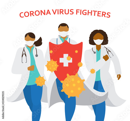 Doctors in masks and uniform holding big shield fighting corona virus. Different races medecine workers running. Vector illustration.