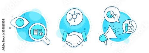 Chemistry flask, Pie chart and Chemical formula line icons set. Handshake deal, research and promotion complex icons. Facts sign. Laboratory, Presentation graph, Chemistry. Vector