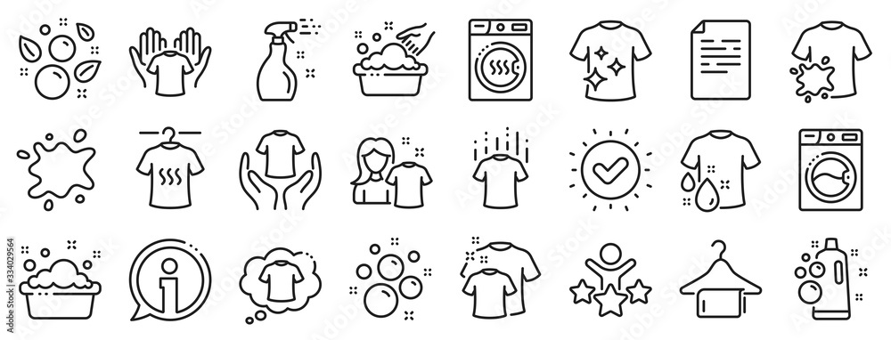 Dryer, Washing machine and dirt shirt. Laundry line icons. Laundromat, hand washing, soap bubbles in basin icons. Dry t-shirt, laundry service, dirty smudge spot. Clean clothes. Vector