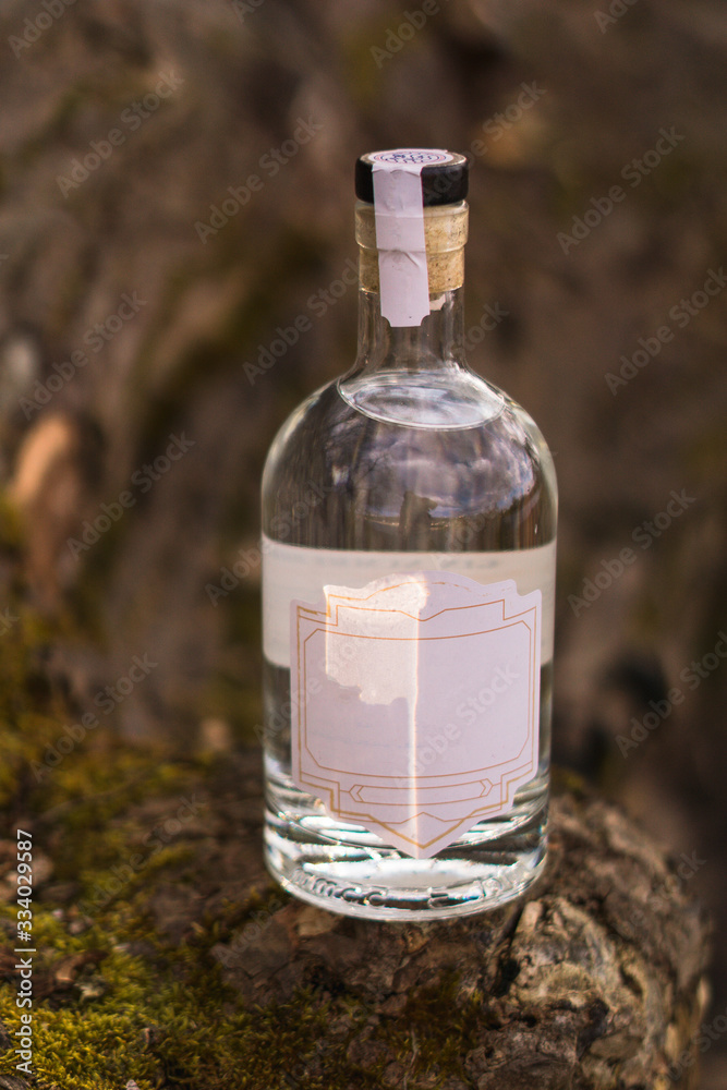 A bottle of alcohol stands in the forest, on a tree, near moss, in the setting sun, gin, vodka A bottle of alcohol stands in the forest, on a tree, near moss, in the setting sun, gin, vodka