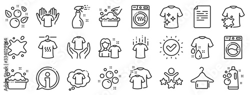 Dryer, Washing machine and dirt shirt. Laundry line icons. Laundromat, hand washing, soap bubbles in basin icons. Dry t-shirt, laundry service, dirty smudge spot. Clean clothes. Vector photo