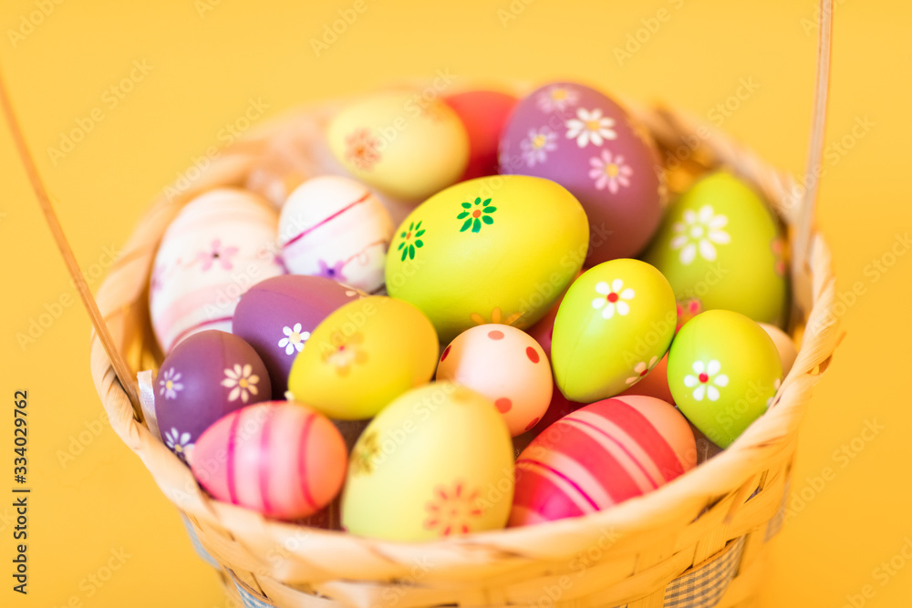 Colorful Easter eggs in a basket on an isolated yellow background