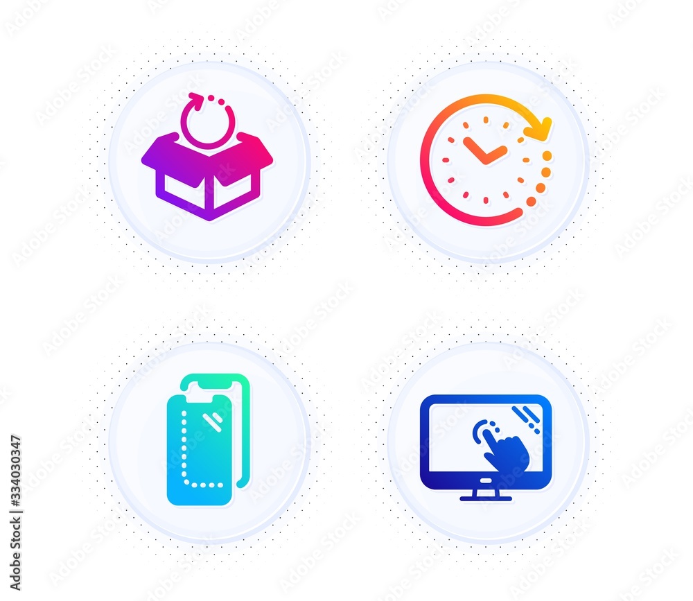 Smartphone glass, Return package and Time change icons simple set. Button with halftone dots. Touch screen sign. Phone protect, Exchange goods, Clock. Web support. Technology set. Vector Smartphone glass, Return package and Time change icons simple set. Button with halftone dots. Touch screen sign. Phone protect, Exchange goods, Clock. Web support. Technology set. Vector