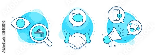 Smartphone protection, Talk bubble and Carousels line icons set. Handshake deal, research and promotion complex icons. Heart sign. Phone, Chat message, Attraction park. Love rating. Vector