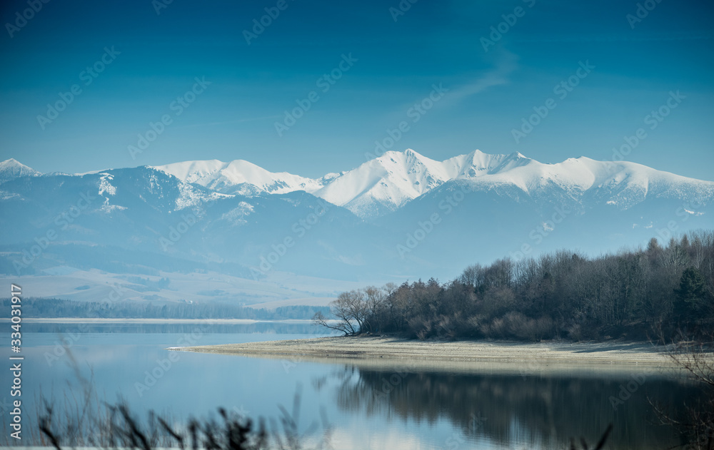 Landscape of a lake with mountain in the background