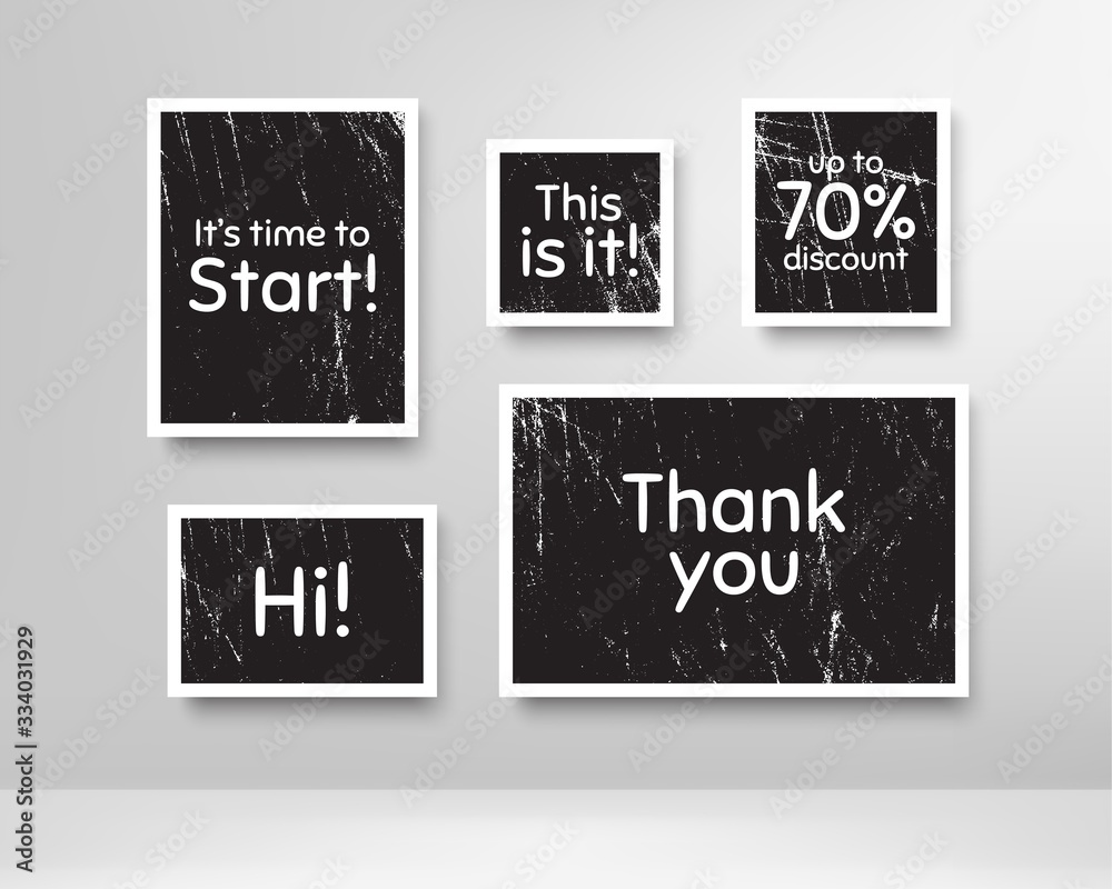 Time to start, 70% discount. Black photo frames with scratches. Thank you phrase. Sale shopping text. Grunge photo frames. Images on wall, retro memory album. Realistic photograph card. Vector