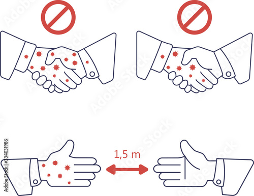 Handshake ban. No handshake the red badge icon, avoiding physical contact and infection with the coronavirus. Vector flat illustration eps 10