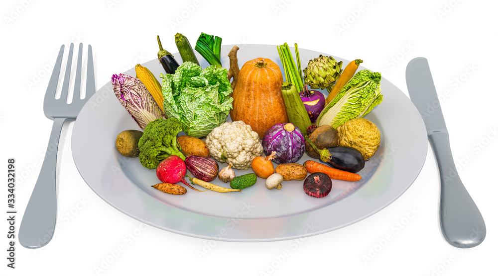 Фотография Different vegetables set on plate with fork and knife, 3D rendering