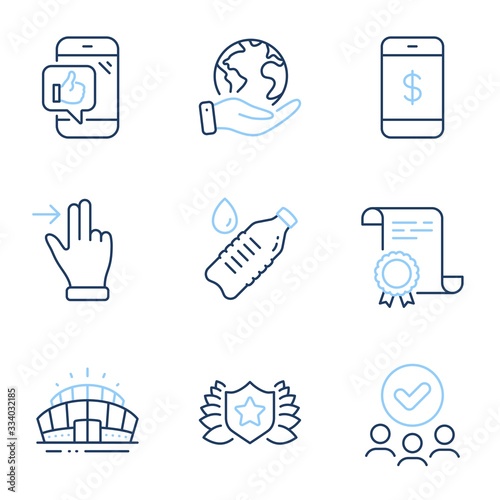 Arena stadium, Water bottle and Smartphone payment line icons set. Diploma certificate, save planet, group of people. Laureate, Touchscreen gesture and Mobile like signs. Vector