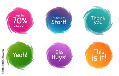 Swirl motion circles. Time to start, 70% discount. Thank you phrase. Sale shopping text. Twisting bubbles with phrases. Spiral texting boxes. Big buys slogan. Vector