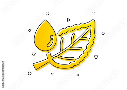 Nature plant dew sign. Mint leaf with water drop icon. Environmental care symbol. Yellow circles pattern. Classic leaf dew icon. Geometric elements. Vector