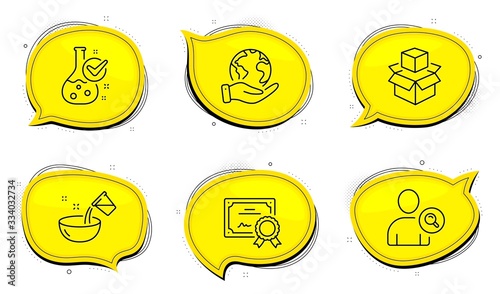 Chemistry lab sign. Diploma certificate, save planet chat bubbles. Packing boxes, Cooking water and Find user line icons set. Delivery package, Glass, Search person. Laboratory flask. Vector