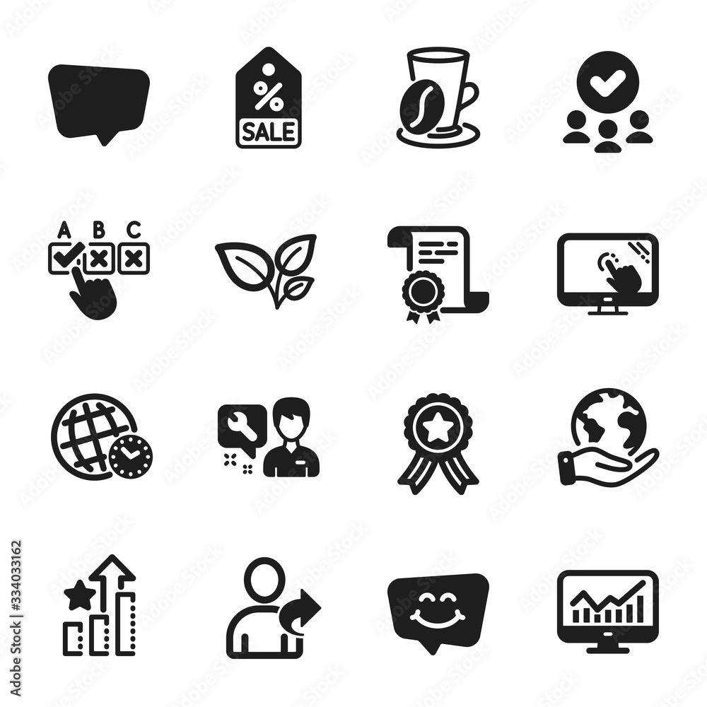 Set of Business icons, such as Statistics, Chat message. Certificate, approved group, save planet. Leaves, Coffee cup, Repairman. Refer friend, Correct checkbox, Time zone. Vector Set of Business icons, such as Statistics, Chat message. Certificate, approved group, save planet. Leaves, Coffee cup, Repairman. Refer friend, Correct checkbox, Time zone. Vector
