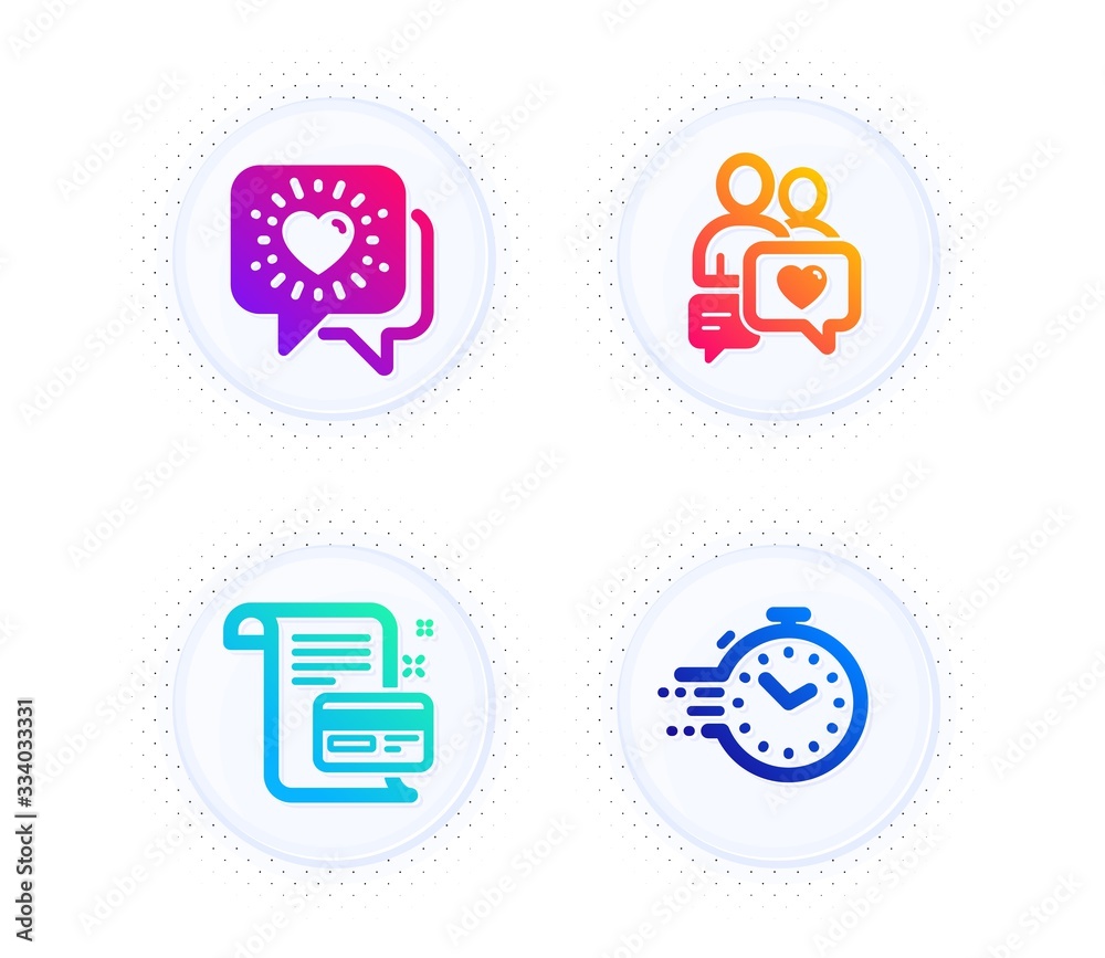 Payment card, Friends chat and Dating chat icons simple set. Button with halftone dots. Timer sign. Agreement conditions, Friendship, People love. Deadline management. Technology set. Vector