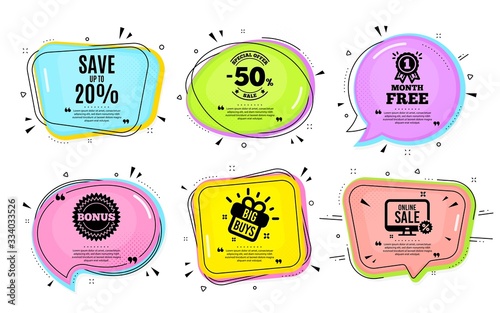 Save up to 20%. Big buys, online shopping. Discount Sale offer price sign. Special offer symbol. Quotation bubble. Banner badge, texting quote boxes. Discount text. Coupon offer. Vector