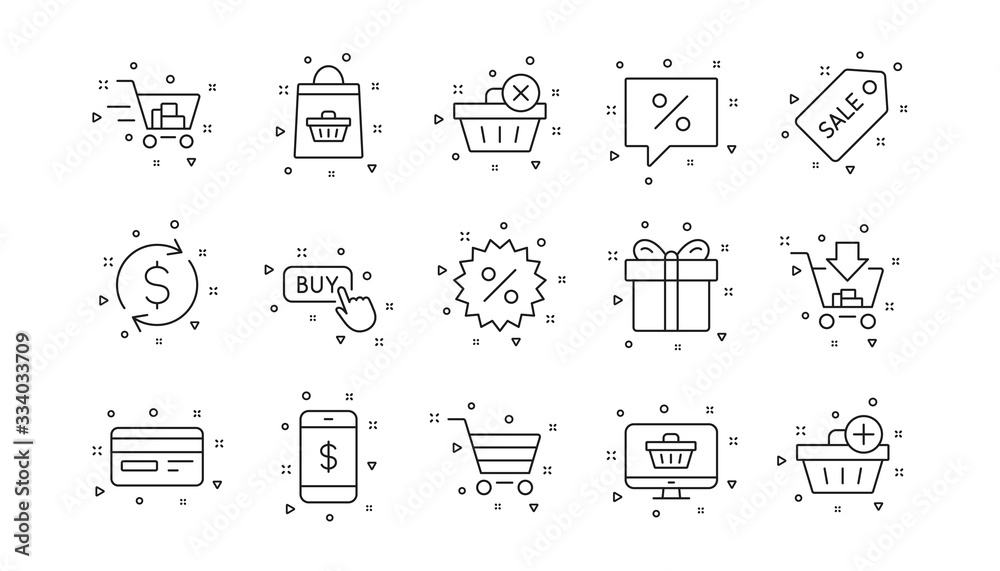 Gift, Present and Sale discount. Shopping bag line icons. Delivery linear icon set. Geometric elements. Quality signs set. Vector Gift, Present and Sale discount. Shopping bag line icons. Delivery linear icon set. Geometric elements. Quality signs set. Vector