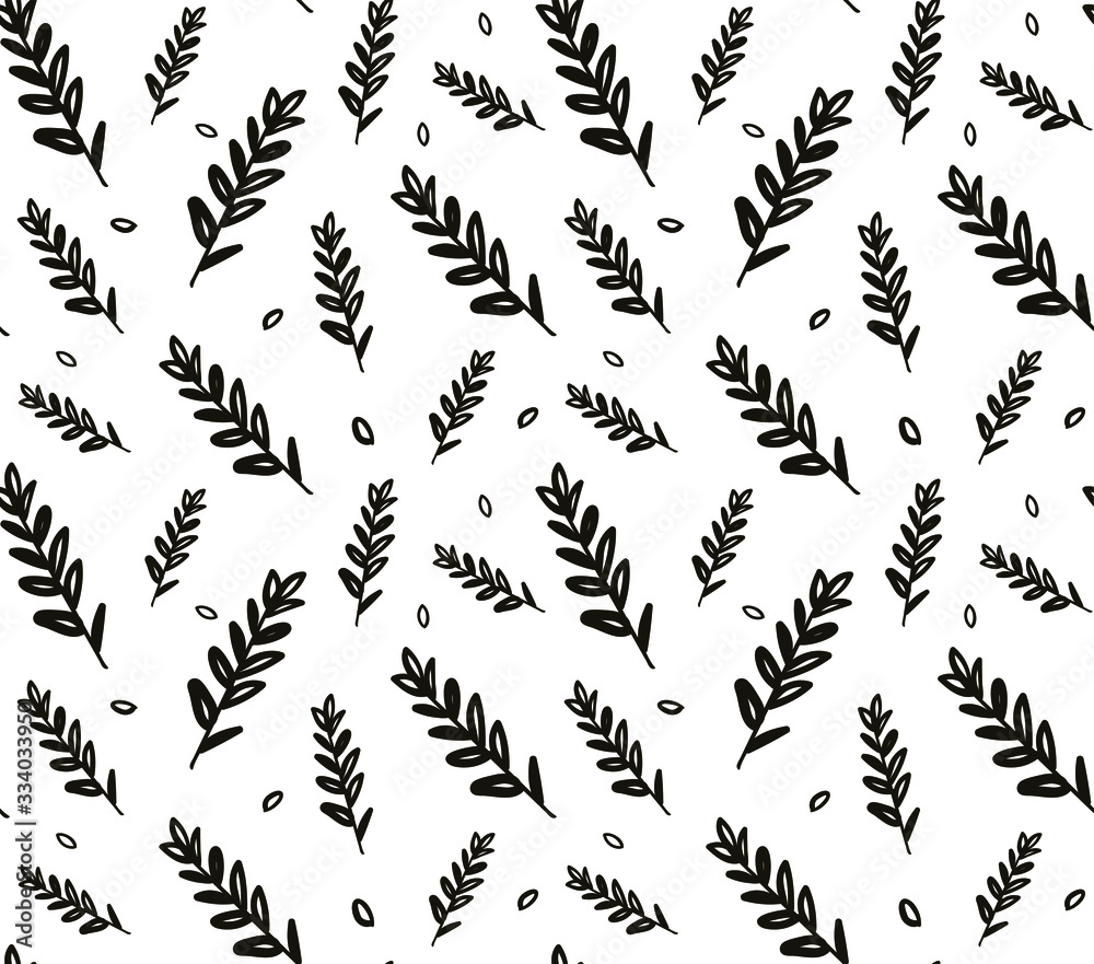 Seamless hand drawn floral pattern. Black twigs of a plant on white background. Print for wallpapers, covers, fabric, textile, wrapping paper. Doodle style.