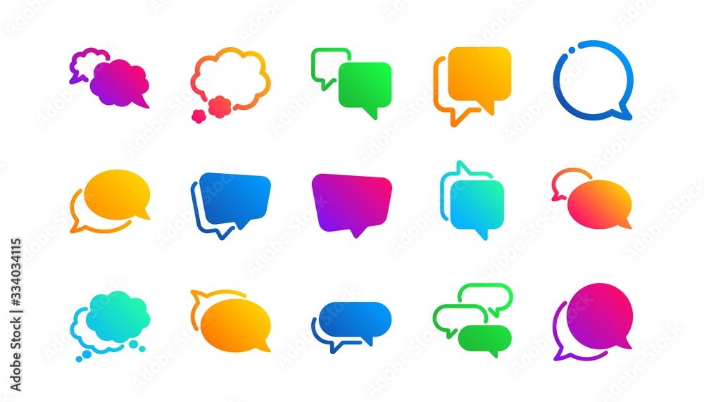 Social media message, comic bubbles and chat. Speech bubbles icons. Think sticker, Comment speech and talk bubble icons. Classic set. Gradient patterns. Quality signs set. Vector Social media message, comic bubbles and chat. Speech bubbles icons. Think sticker, Comment speech and talk bubble icons. Classic set. Gradient patterns. Quality signs set. Vector