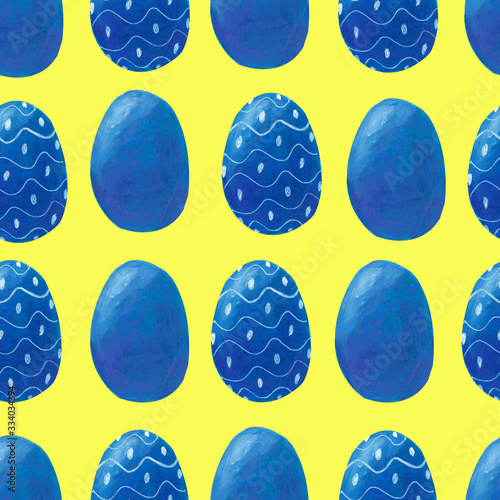 Seamless pattern with pantone blue colored easter eggs with white ornament isolated on white background