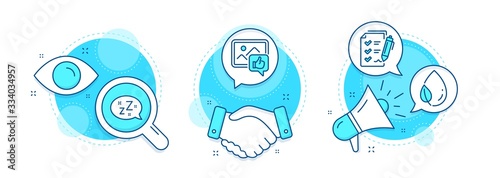 Like photo, Leaf dew and Sleep line icons set. Handshake deal, research and promotion complex icons. Survey checklist sign. Thumbs up, Water drop, Zzz bubble. Report. Business set. Vector