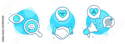 Archery, Marry me and Be mine line icons set. Handshake deal, research and promotion complex icons. Smile sign. Attraction park, Wedding, Love sweetheart. Comic chat. Holidays set. Vector