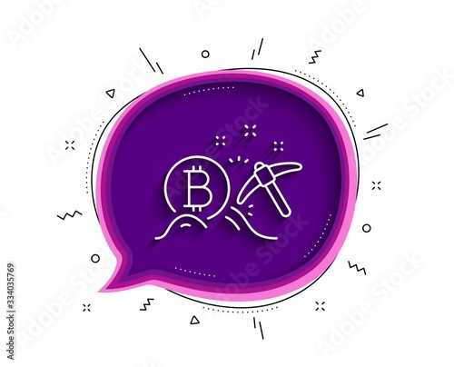 Bitcoin mining line icon. Chat bubble with shadow. Cryptocurrency coin sign. Crypto money pickaxe symbol. Thin line bitcoin mining icon. Vector