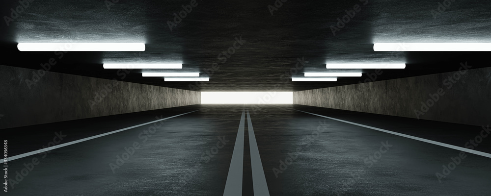 Plakat Underground concrete road high way tunnel with low key blue lighting industrial grunge concrete background 3d render illustration