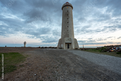 Akranes lighthouse in Borgarnes in Iceland near Reykjavik during blue hour. Scenery and architecture concept.