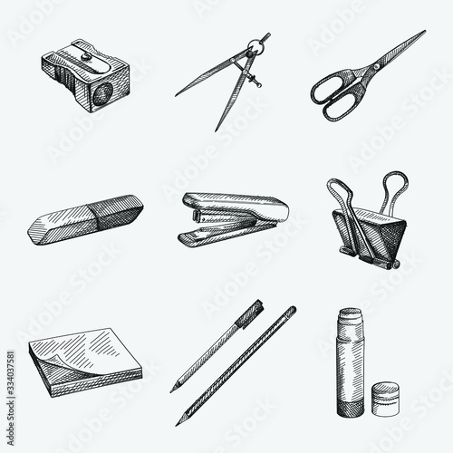 Hand-drawn sketch of Stationery Supplies for School and Office Set. The set includes pencil sharpener, compass (for drawing), scissors, eraser, rubber, stapler, sticker note, pen, pencil, glue stick 