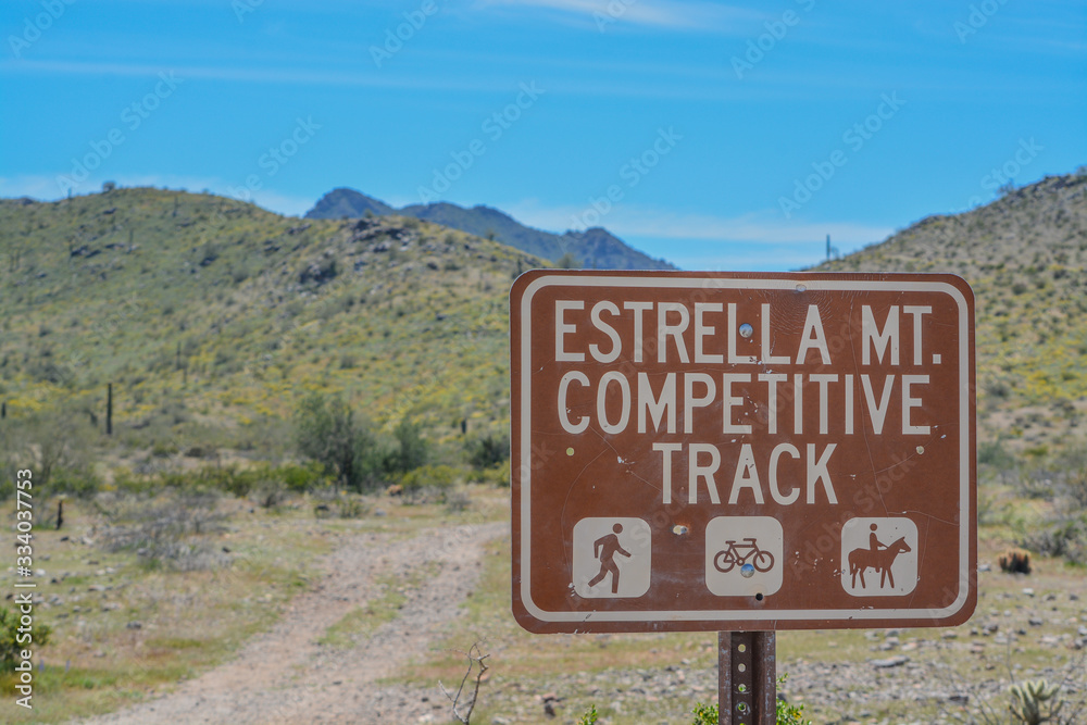 Estrella Mountain Competitive Track Sign in Goodyear, Maricopa County, Arizona USA