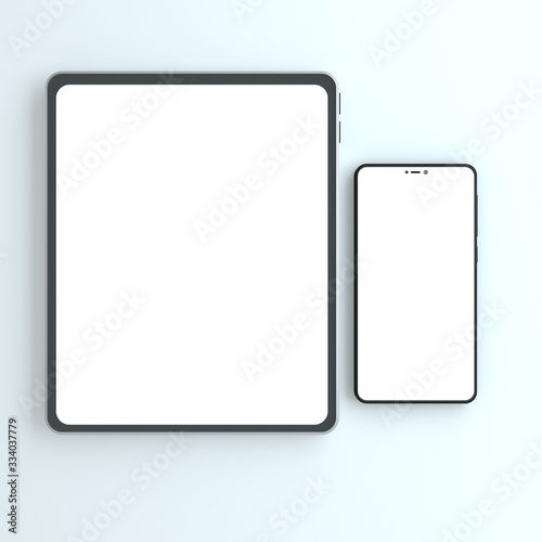 3D realistic phone with tablet computer mockup. Devices with blank white displays, devices screen frame on the light white background. Front view.  Empty space for text, art. 3D rednering.