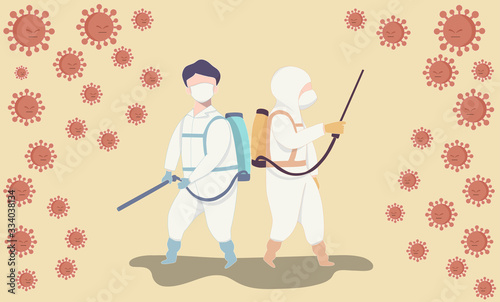 Man and woman wear protection to protect virus, They are eliminating virus by virucidal