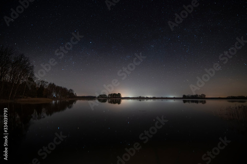 Landscape at night, sky full of stars over a lake (high ISO photography)