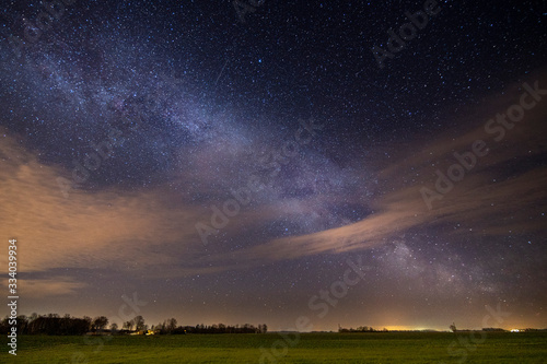 Landscape at night, sky full of stars over an open field (high ISO photography)