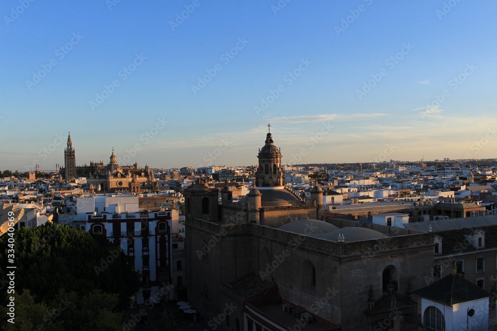 Seville city view at sundown from top of the Metropol Parasol (Setas de Sevilla) building.