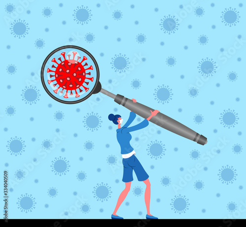 Corona viruses and a masked woman with magnifier