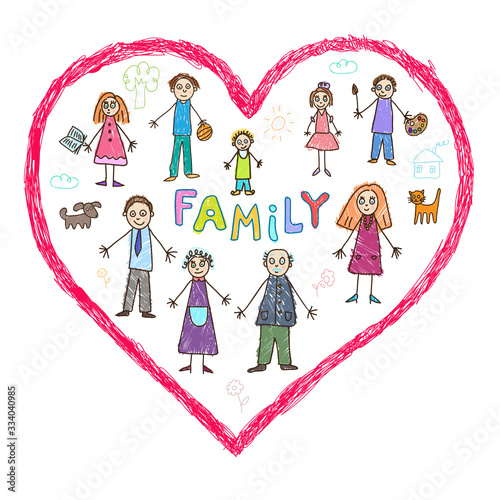 Kids Drawing. Big family in a heart-shaped frame