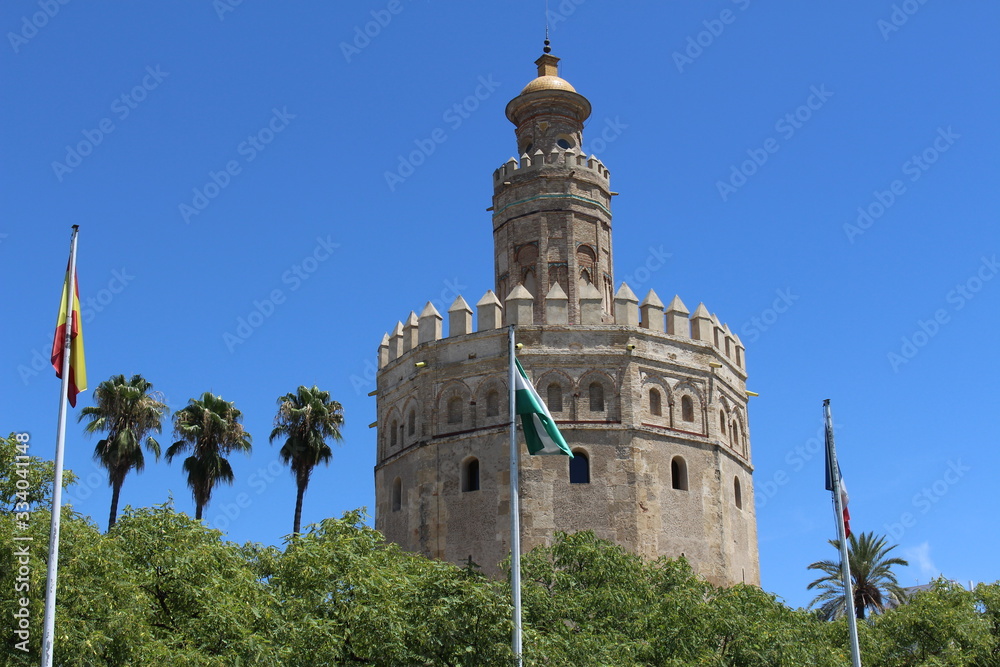 Tower of Gold (Torre del Oro) military watchtower built in 13th century by Almohad Caliphate on the bank of Guadalquivir river in Seville, Andalusia, Spain.