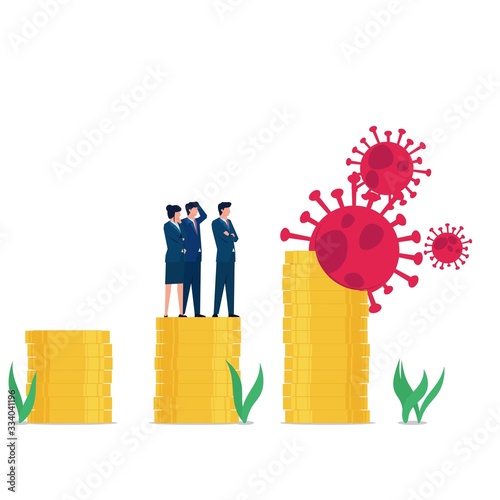 Business flat vector concept virus eat coins stack metaphor of corona effect on dollar and exchange