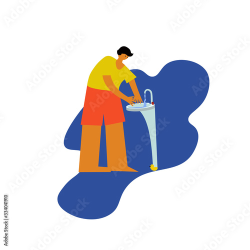 A person maintains his immunity. Washes hands while maintaining body cleanliness and hygiene. Vector illustration.