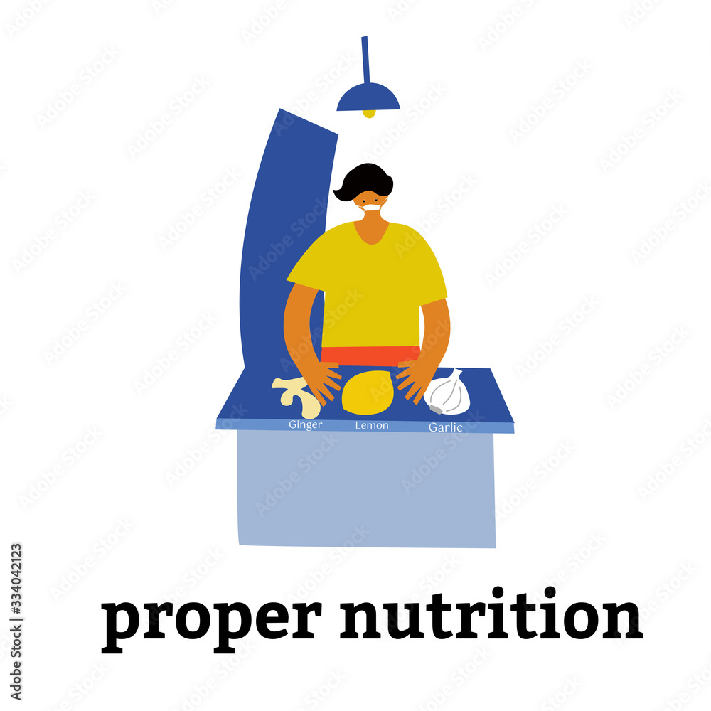 A man shows the food that you need to eat to raise immunity. Garlic, Lemon, Ginger. illustration. A man shows the food that you need to eat to raise immunity. Garlic, Lemon, Ginger. illustration.