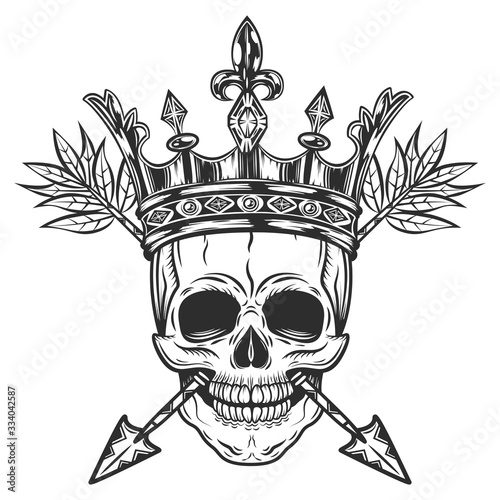 Skull with crown and arrows. Prince with corona in monochrome style. Isolated on white background