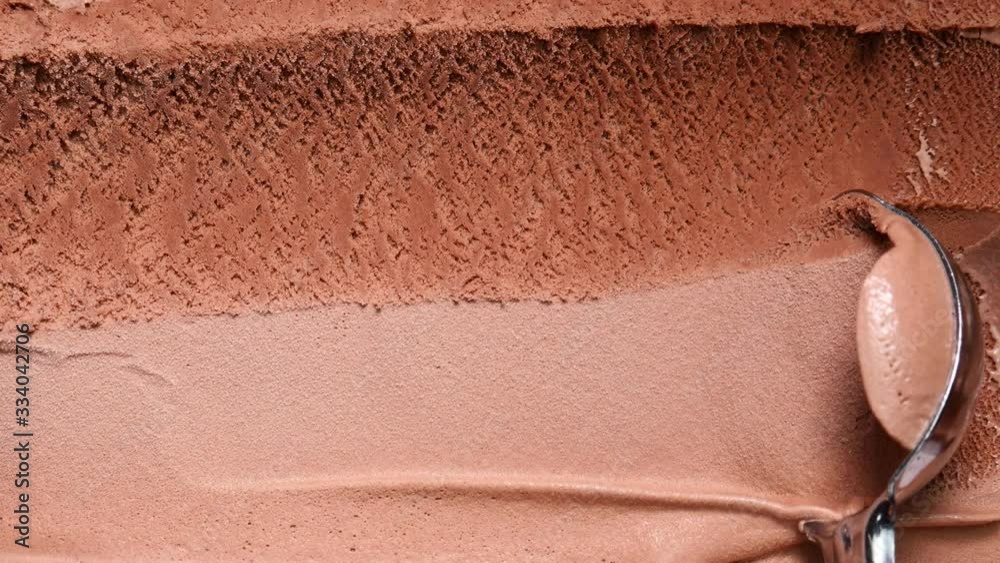 Spoon Ice cream texture flavour chocolate, Closeup Top view Food concept.